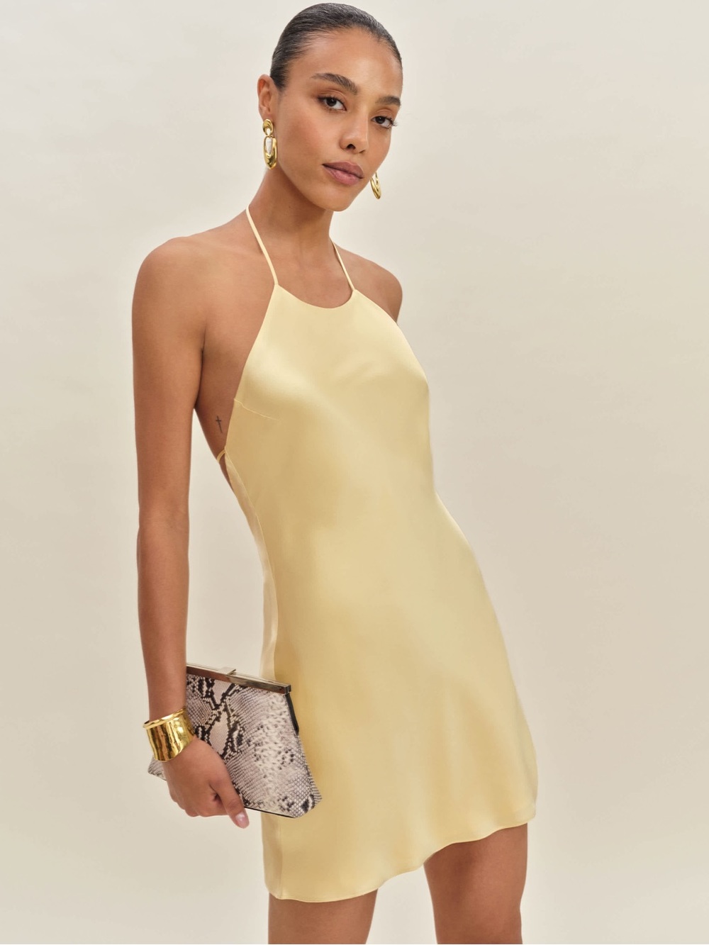 Reformation Jennis Silk Halter Satin Slip Dress in Butter Yellow